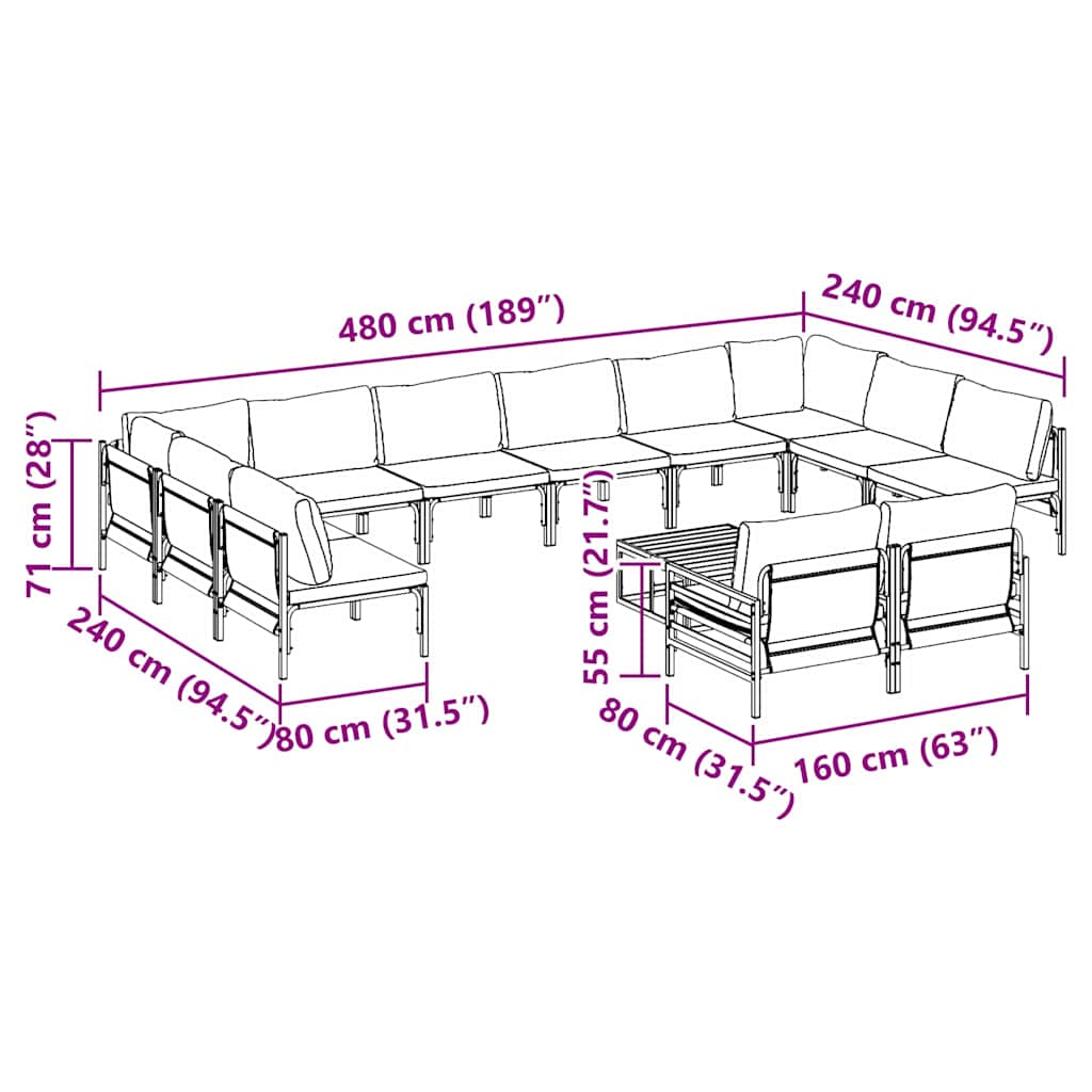 Σετ Καναπέ Κήπου με μαξιλάρι 13 pcs Μαύρο Ατσάλι