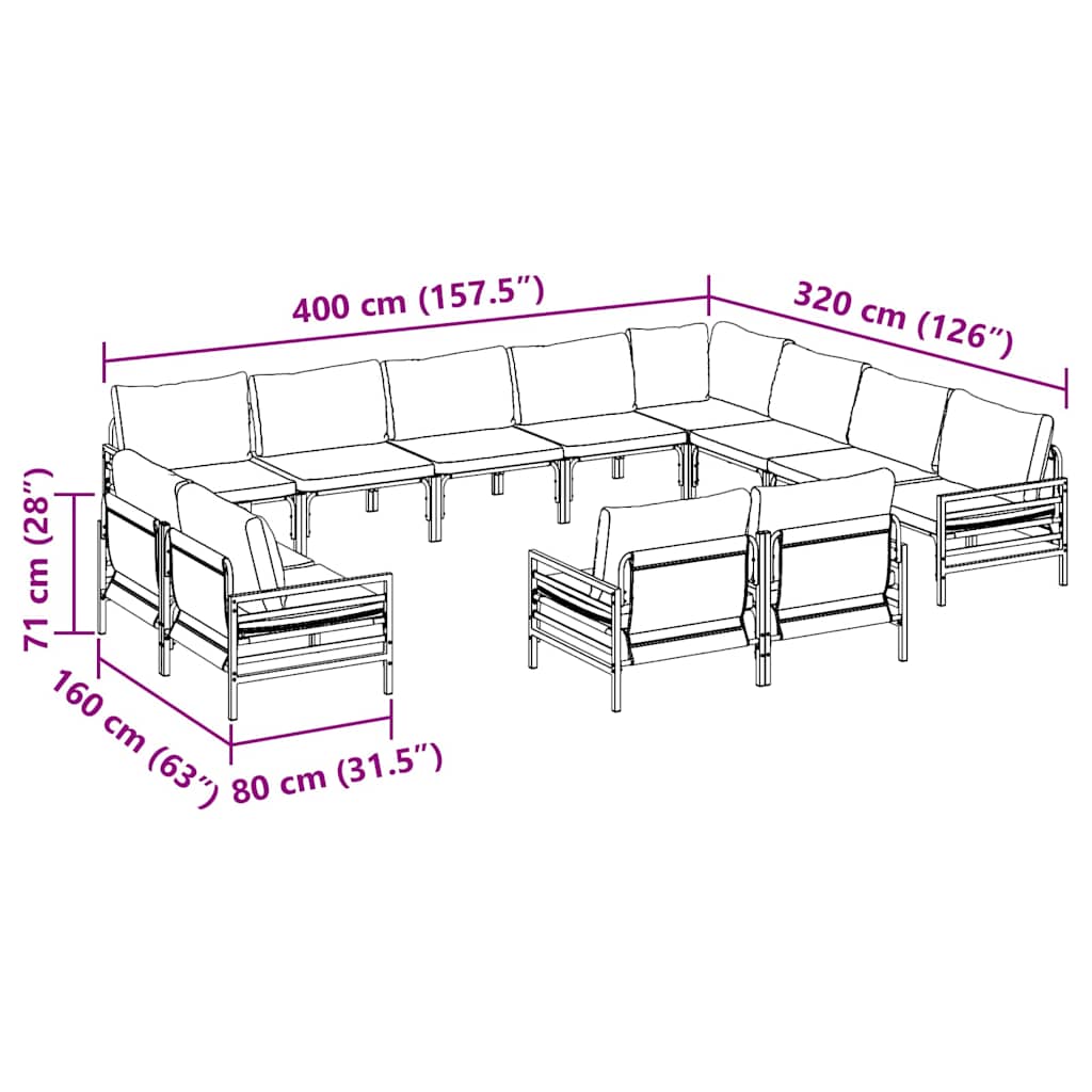 Σετ Καναπέ Κήπου με μαξιλάρι 12 pcs Μαύρο Ατσάλι