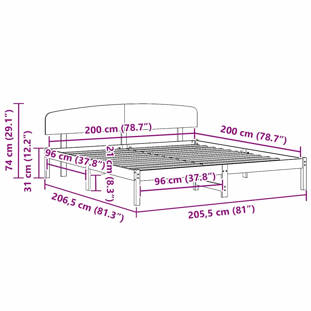 Σκελετός Κρεβατιού Φυσικό 200 x 200 cm Στερεά ξυλεία πεύκου