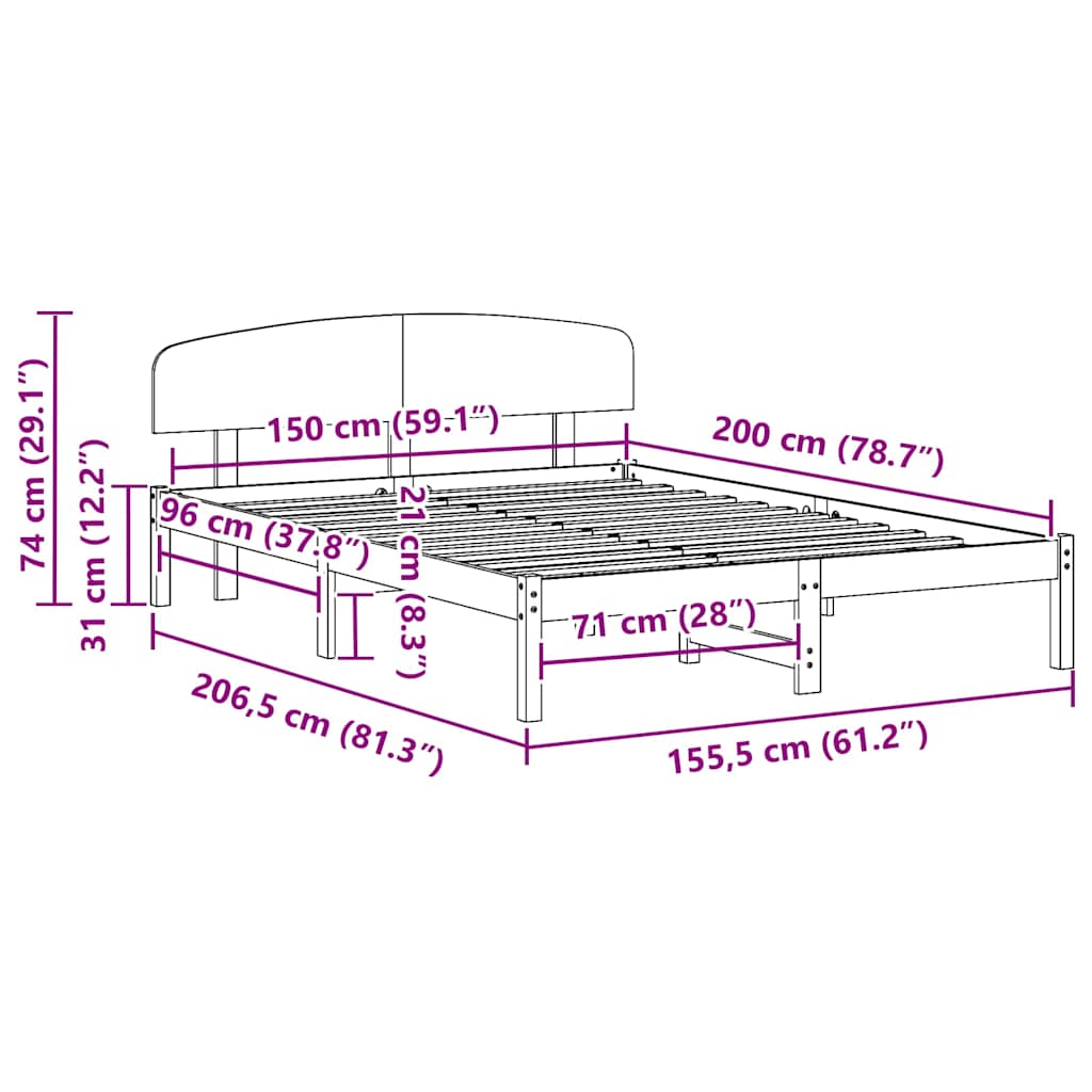 Σκελετός Κρεβατιού Φυσικό 150 x 200 cm Στερεά ξυλεία πεύκου
