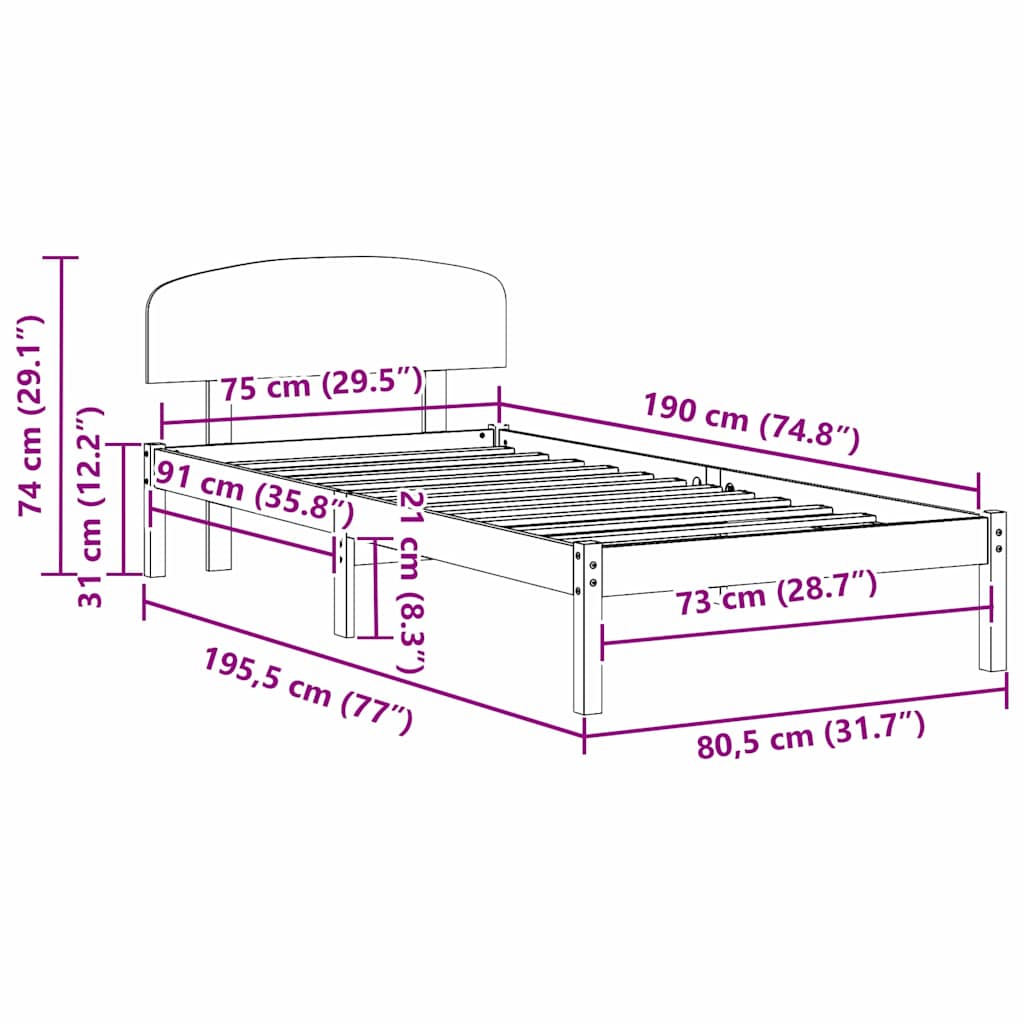 Σκελετός Κρεβατιού Φυσικό 75 x 190 cm Στερεά ξυλεία πεύκου