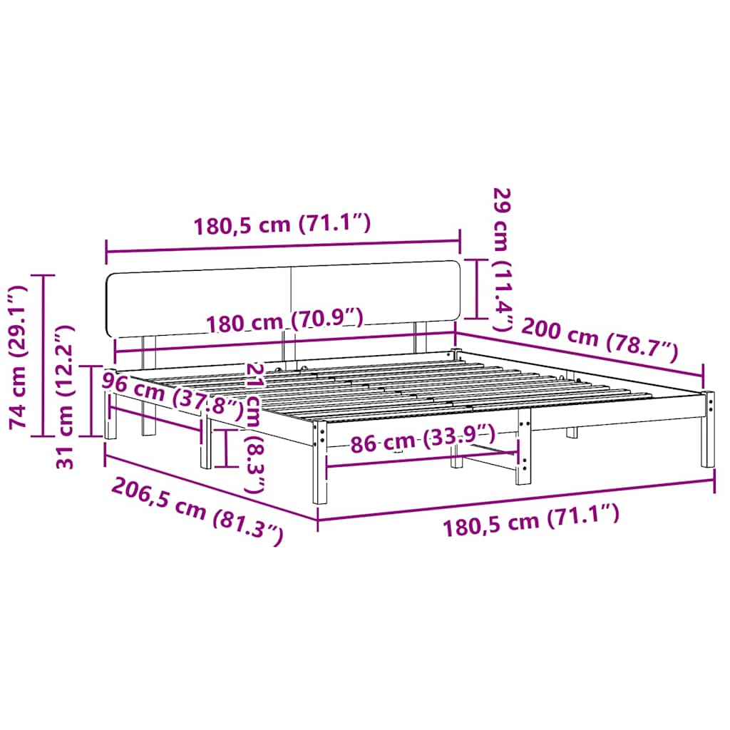 Σκελετός Κρεβατιού Λευκό 180 x 200 cm Στερεά ξυλεία πεύκου