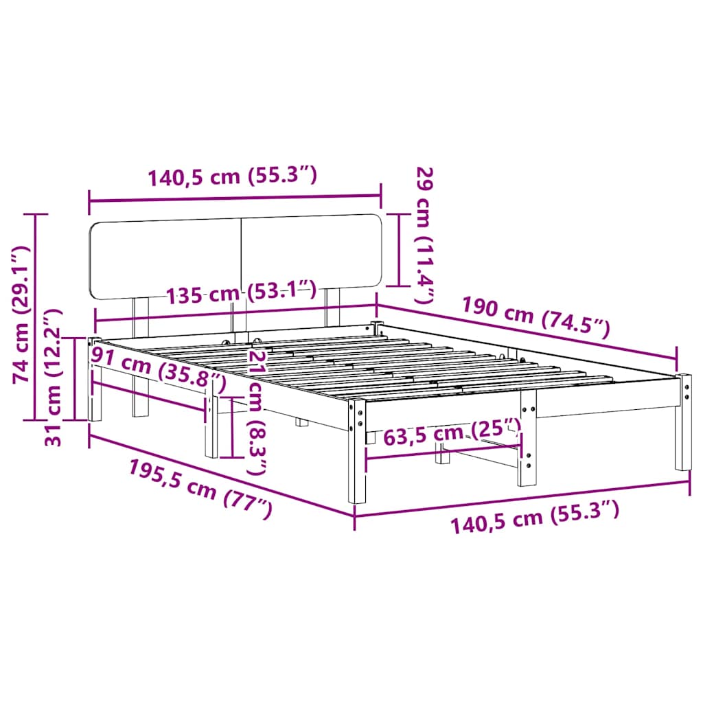 Σκελετός Κρεβατιού Φυσικό 135 x 190 cm Στερεά ξυλεία πεύκου
