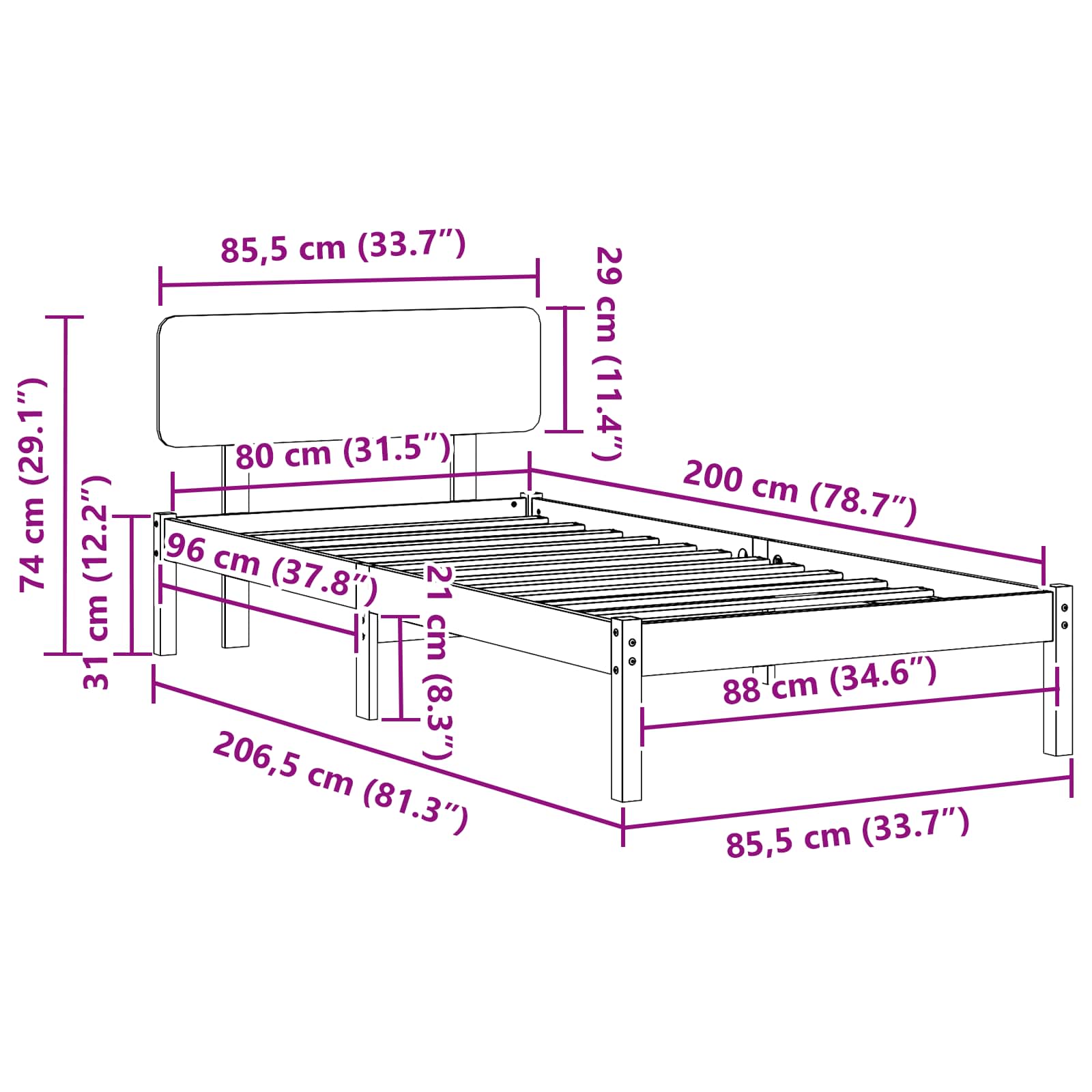 Σκελετός Κρεβατιού Φυσικό 80 x 200 cm Στερεά ξυλεία πεύκου