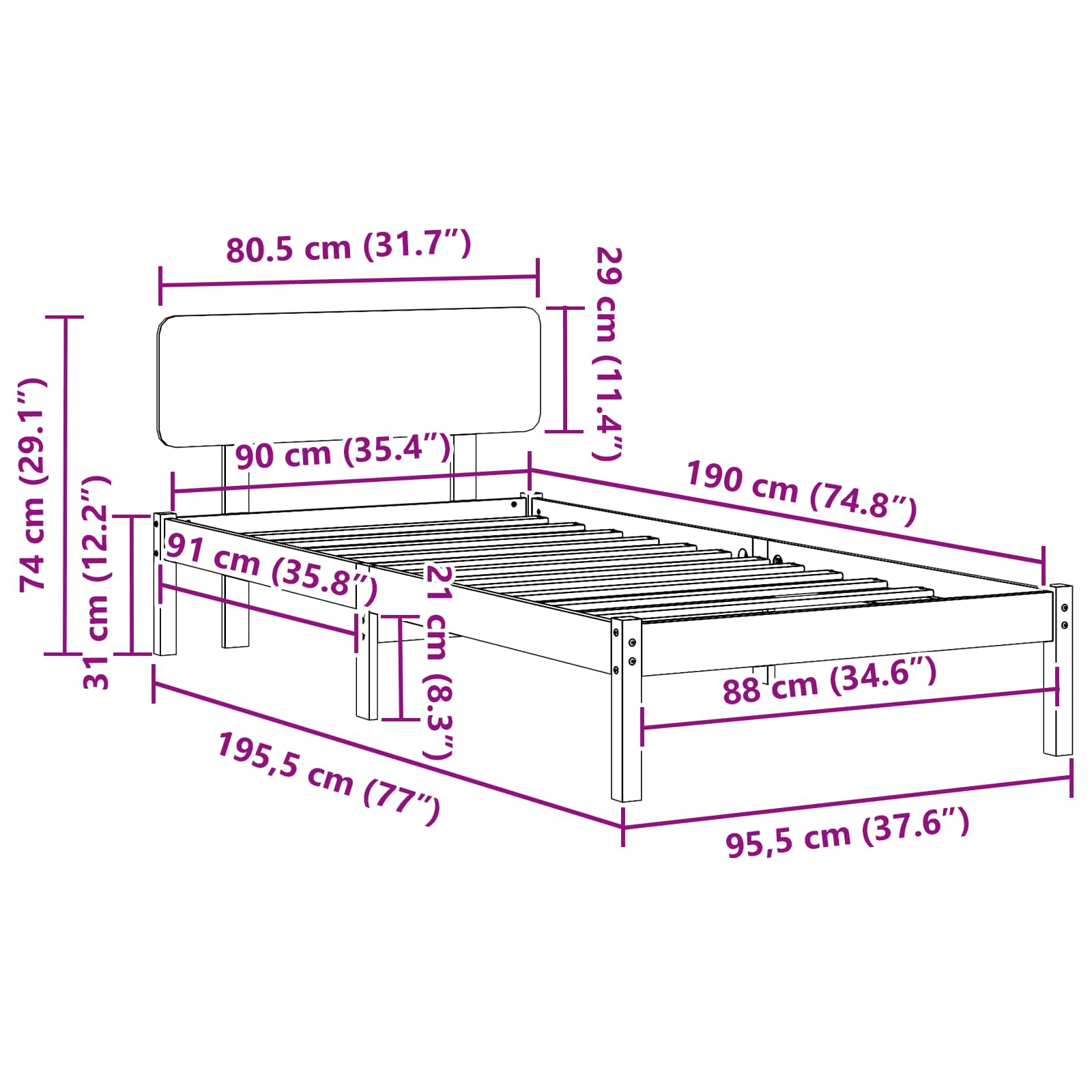 Σκελετός Κρεβατιού Φυσικό 90 x 190 cm Στερεά ξυλεία πεύκου - Pakobazaar