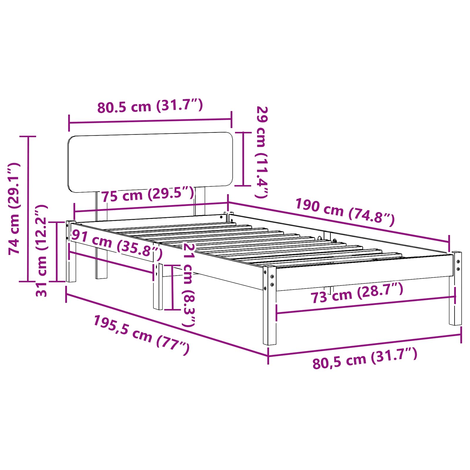 Σκελετός Κρεβατιού Φυσικό 75 x 190 cm Στερεά ξυλεία πεύκου