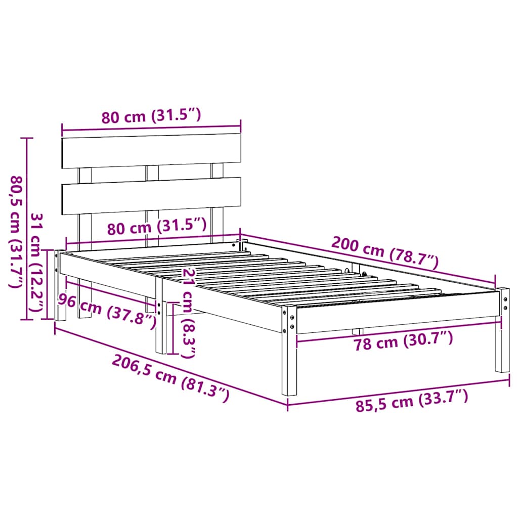 Σκελετός Κρεβατιού Καφέ 80 x 200 cm Μασίφ ξύλο πεύκου