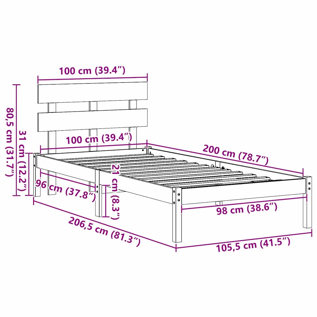 Σκελετός Κρεβατιού Καφέ 100 x 200 cm Μασίφ ξύλο πεύκου