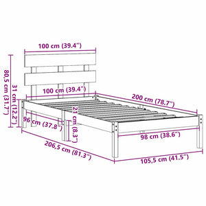 Σκελετός Κρεβατιού Καφέ 100 x 200 cm Μασίφ ξύλο πεύκου