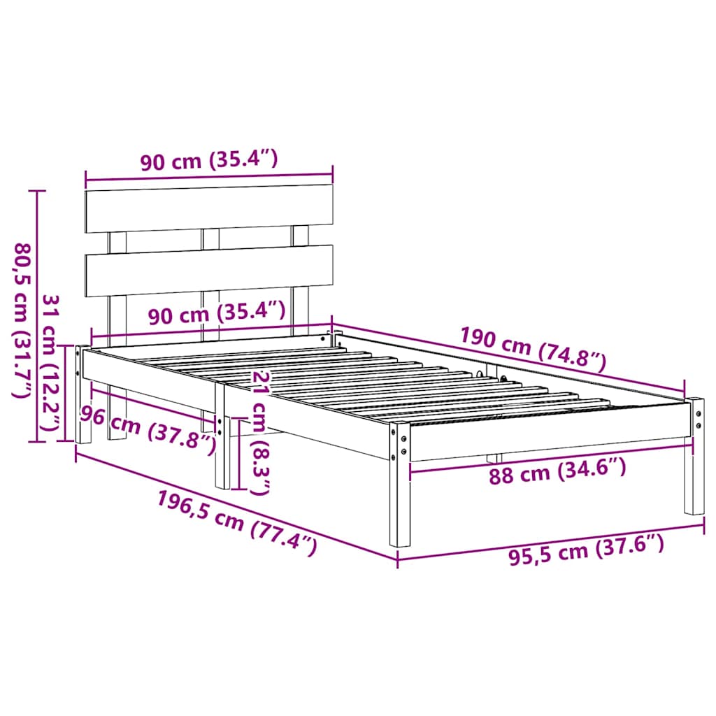 Σκελετός Κρεβατιού Λευκό 90 x 190 cm Μασίφ ξύλο πεύκου