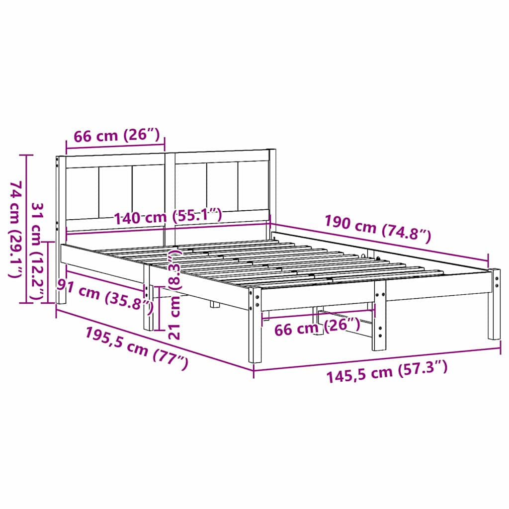 Σκελετός Κρεβατιού Καφέ 140 x 190 cm Μασίφ ξύλο πεύκου