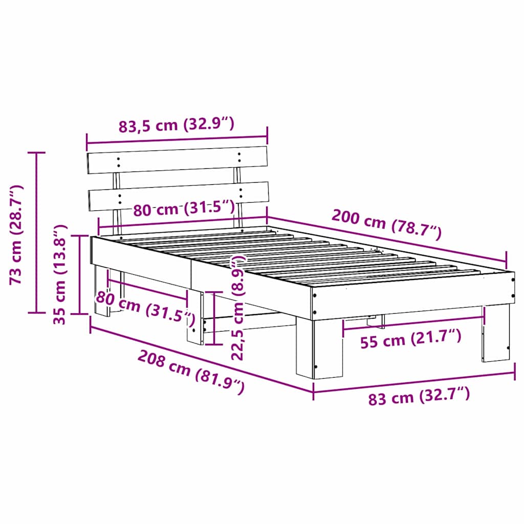 Σκελετός Κρεβατιού Φυσικό 80 x 200 cm Στερεά ξυλεία πεύκου