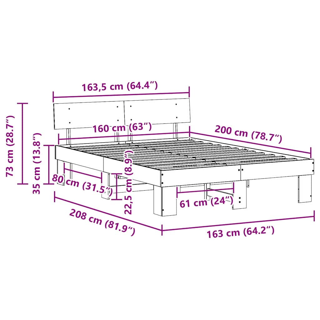 Σκελετός Κρεβατιού Φυσικό 160 x 200 cm Στερεά ξυλεία πεύκου - Pakobazaar