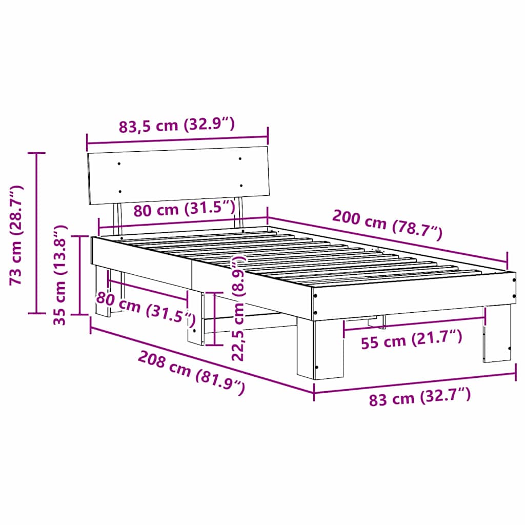 Σκελετός Κρεβατιού Φυσικό 80 x 200 cm Στερεά ξυλεία πεύκου