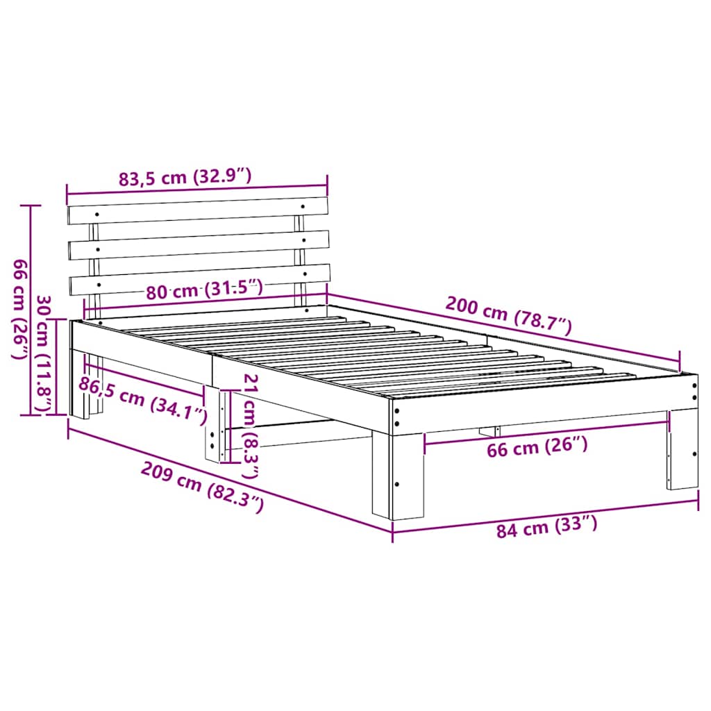 Σκελετός Κρεβατιού Φυσικό 80 x 200 cm Στερεά ξυλεία πεύκου