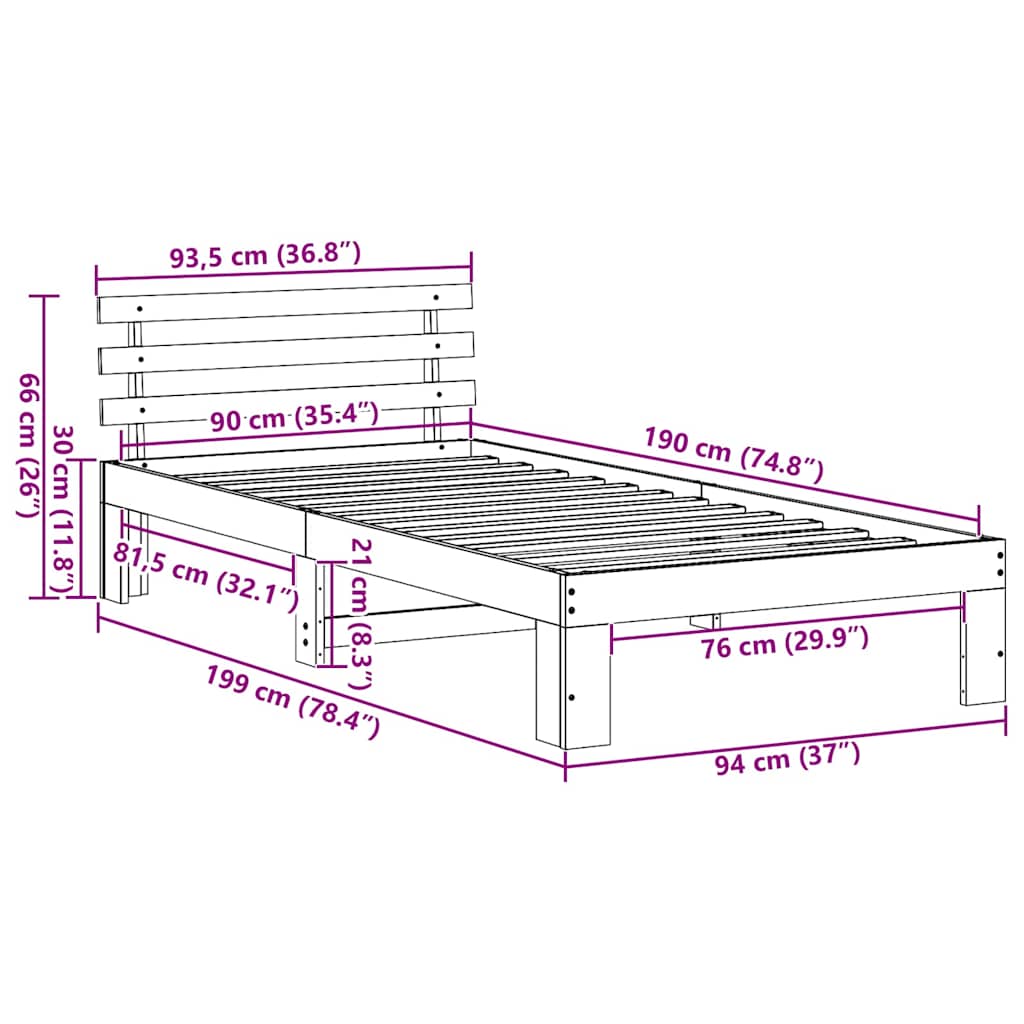 Σκελετός Κρεβατιού Φυσικό 90 x 190 cm Στερεά ξυλεία πεύκου