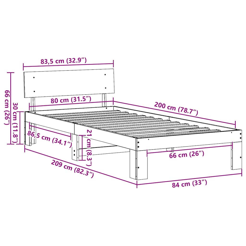 Σκελετός Κρεβατιού Λευκό 80 x 200 cm Στερεά ξυλεία πεύκου