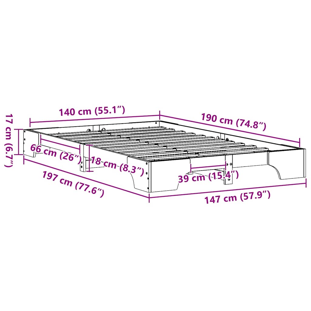 Σκελετός Κρεβατιού Φυσικό 140 x 190 cm Στερεά ξυλεία πεύκου