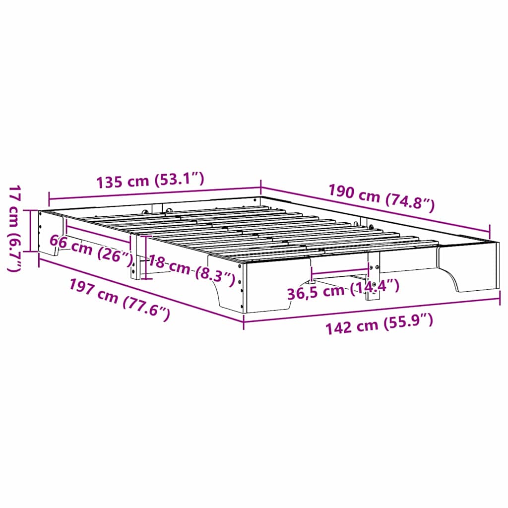 Σκελετός Κρεβατιού Φυσικό 135 x 190 cm Στερεά ξυλεία πεύκου