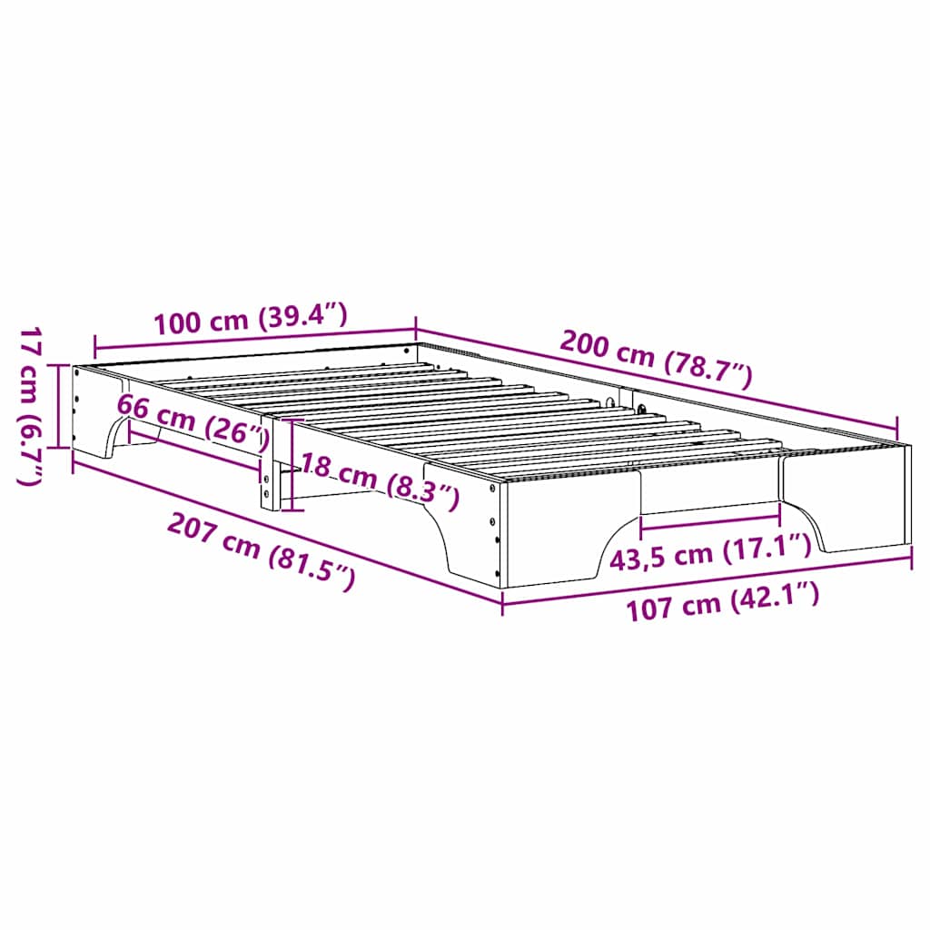 Σκελετός Κρεβατιού Φυσικό 100 x 200 cm Στερεά ξυλεία πεύκου