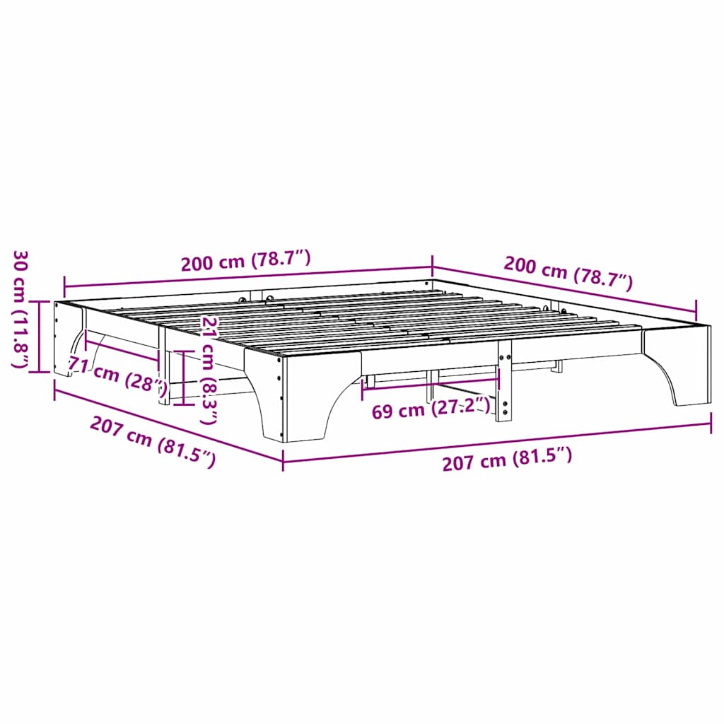 Σκελετός Κρεβατιού Φυσικό 200 x 200 cm Στερεά ξυλεία πεύκου - Pakobazaar