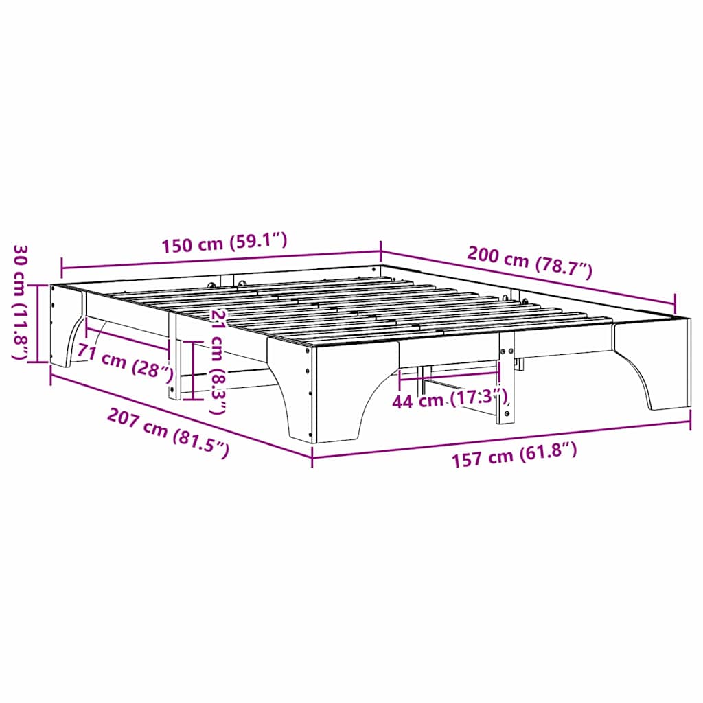 Σκελετός Κρεβατιού Φυσικό 150 x 200 cm Στερεά ξυλεία πεύκου