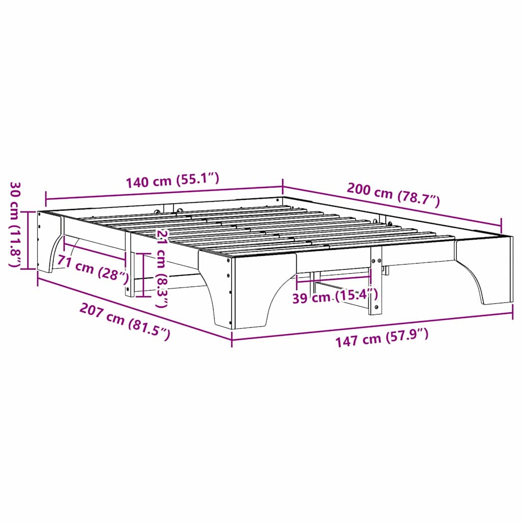 Σκελετός Κρεβατιού Φυσικό 140 x 200 cm Στερεά ξυλεία πεύκου