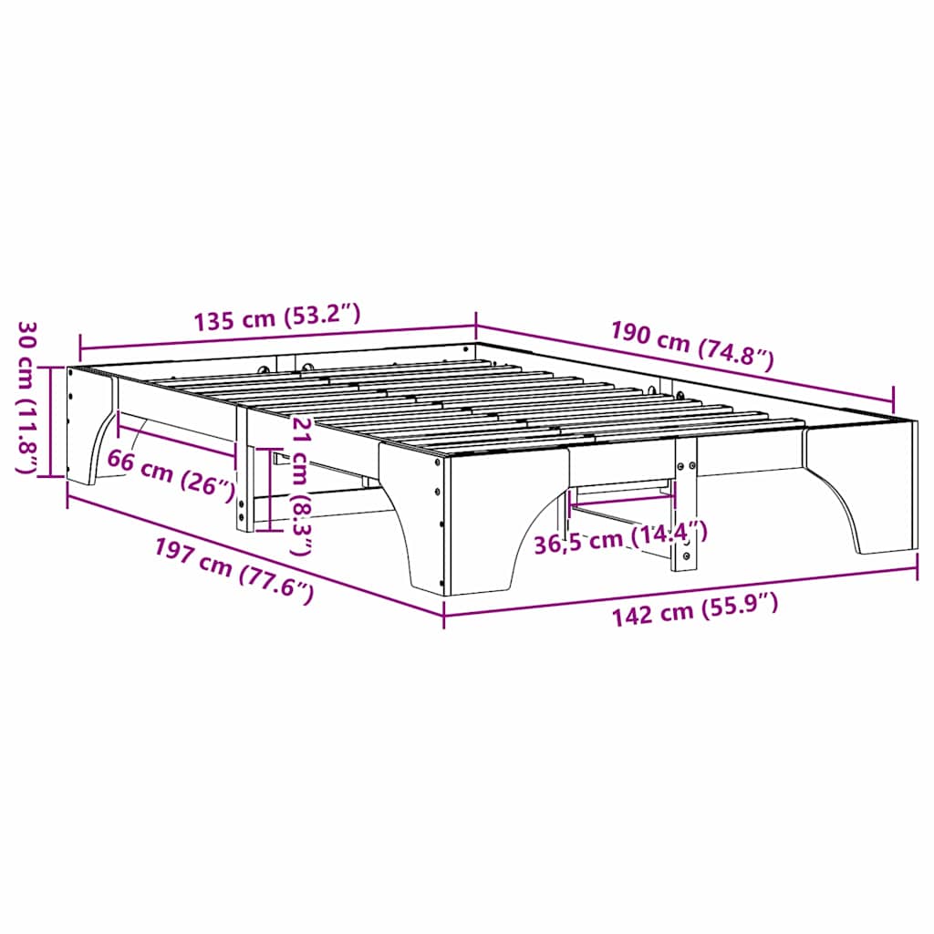 Σκελετός Κρεβατιού Φυσικό 135 x 190 cm Στερεά ξυλεία πεύκου