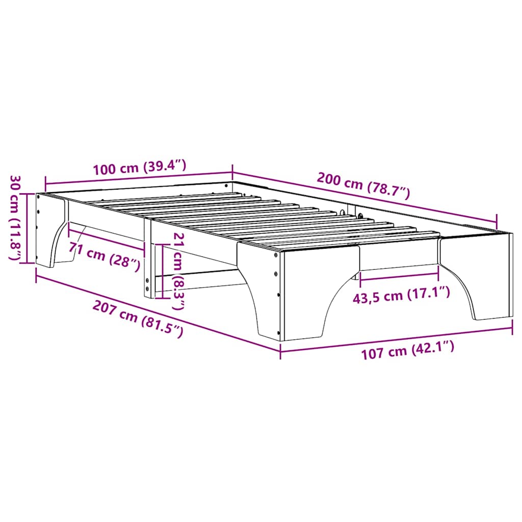 Σκελετός Κρεβατιού Φυσικό 100 x 200 cm Στερεά ξυλεία πεύκου