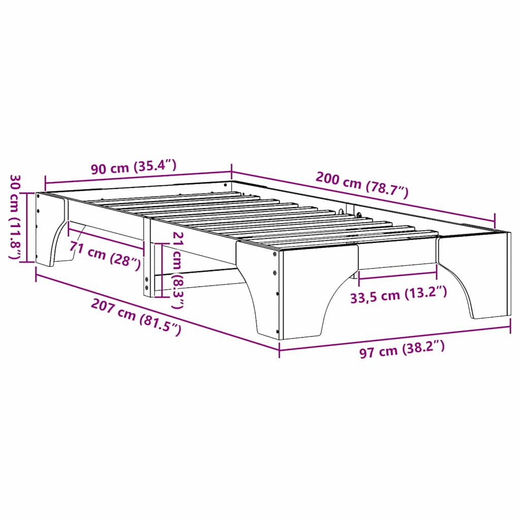 Σκελετός Κρεβατιού Φυσικό 90 x 200 cm Στερεά ξυλεία πεύκου