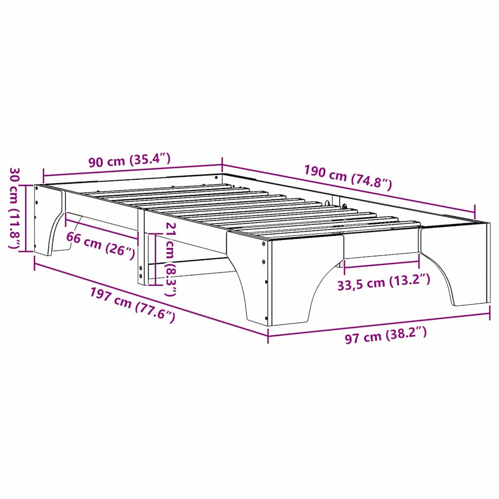 Σκελετός Κρεβατιού Φυσικό 90 x 190 cm Στερεά ξυλεία πεύκου