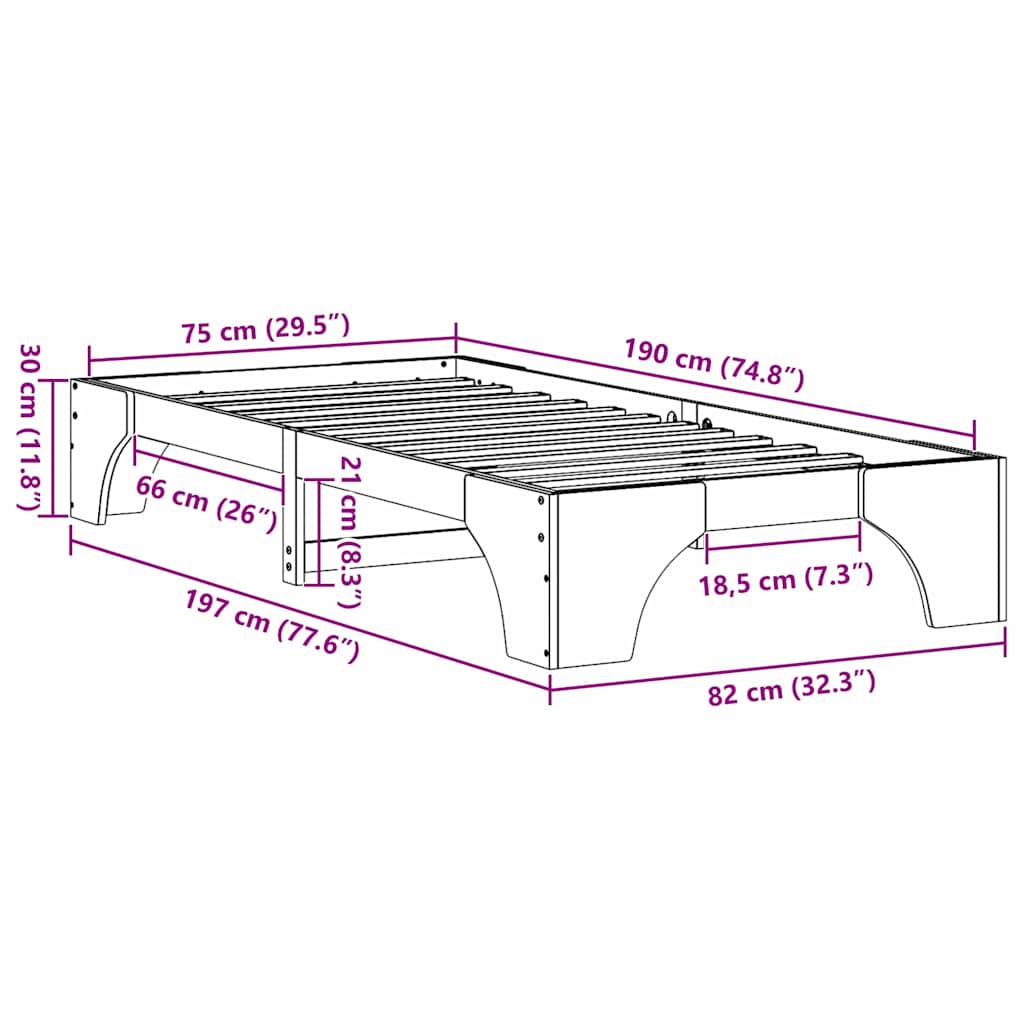 Σκελετός Κρεβατιού Κερωτό καφέ 75 x 190 cm Στερεά ξυλεία πεύκου