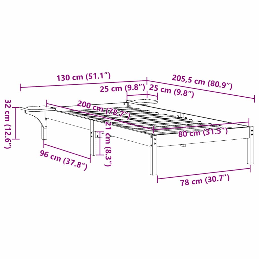 Σκελετός Κρεβατιού Λευκό 80 x 200 cm Στερεά ξυλεία πεύκου