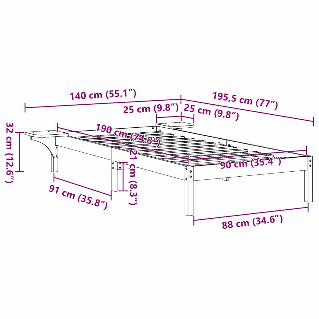 Σκελετός Κρεβατιού Λευκό 90 x 190 cm Στερεά ξυλεία πεύκου