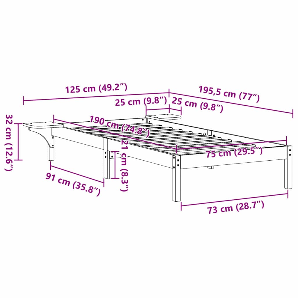 Σκελετός Κρεβατιού Λευκό 75 x 190 cm Στερεά ξυλεία πεύκου