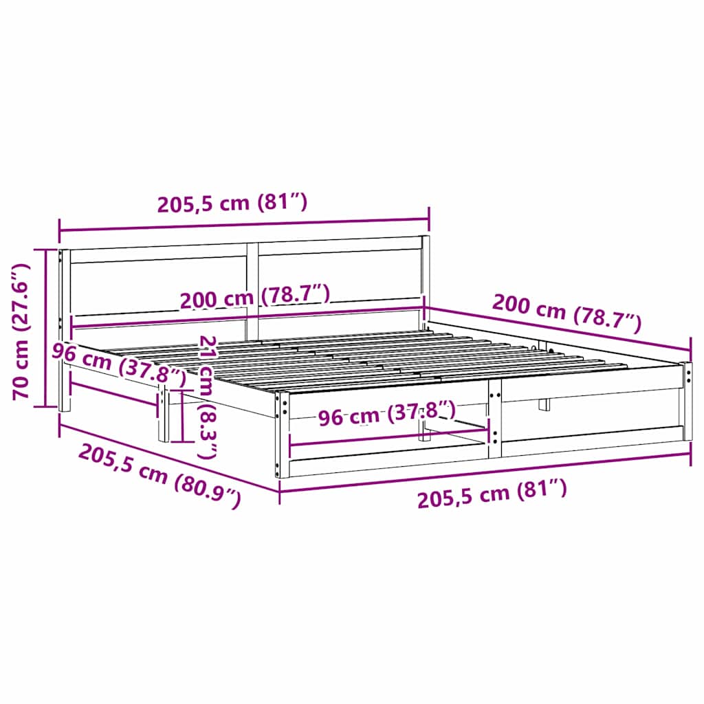Σκελετός Κρεβατιού Φυσικό 200 x 200 cm Στερεά ξυλεία πεύκου