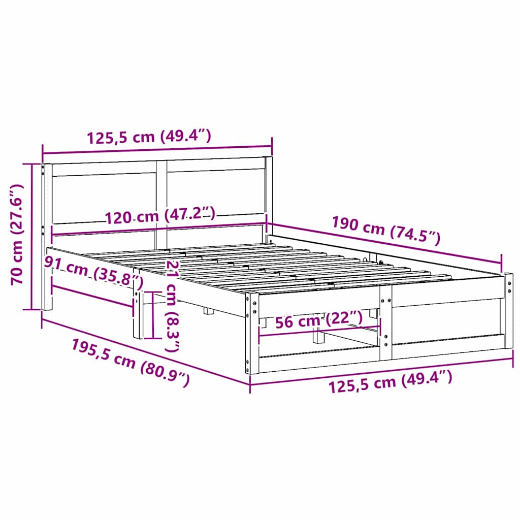 Σκελετός Κρεβατιού Φυσικό 120 x 190 cm Στερεά ξυλεία πεύκου