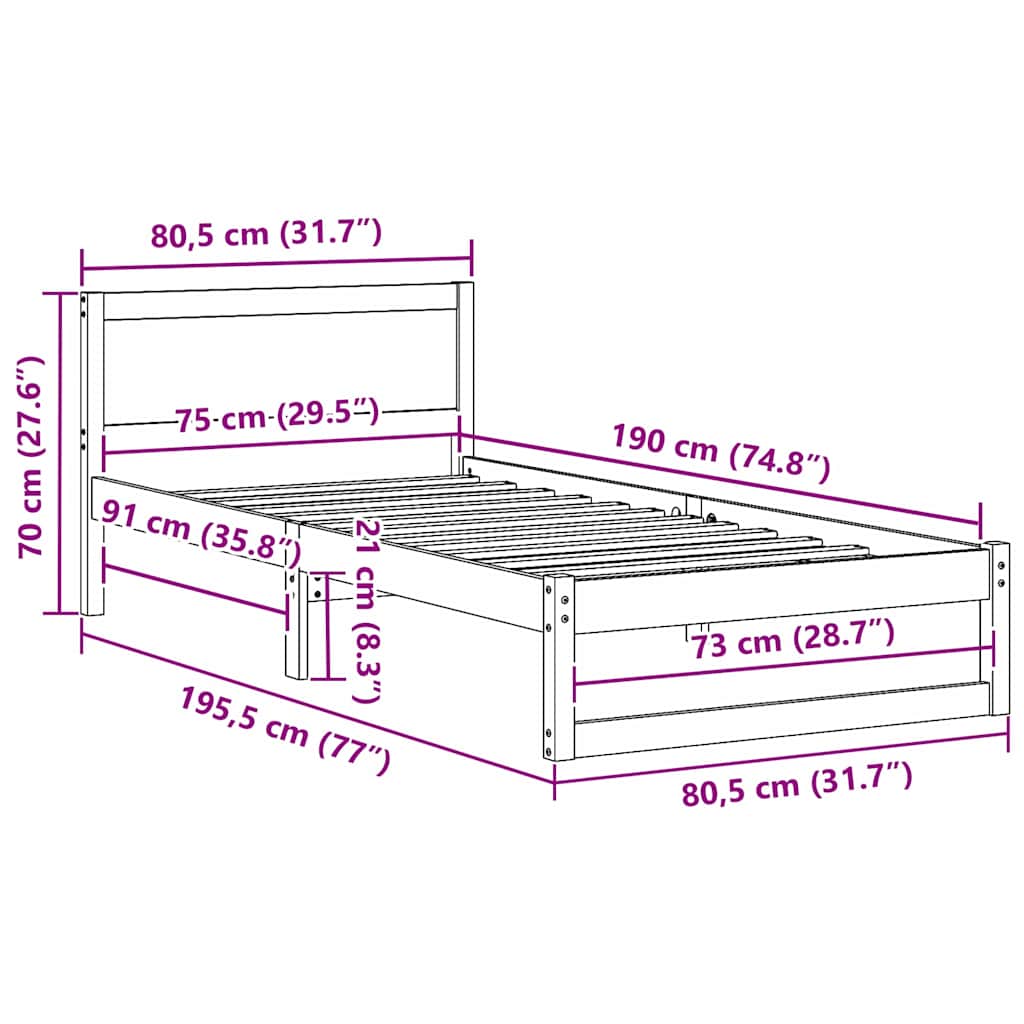 Σκελετός Κρεβατιού Φυσικό 75 x 190 cm Στερεά ξυλεία πεύκου