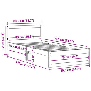 Σκελετός Κρεβατιού Φυσικό 75 x 190 cm Στερεά ξυλεία πεύκου