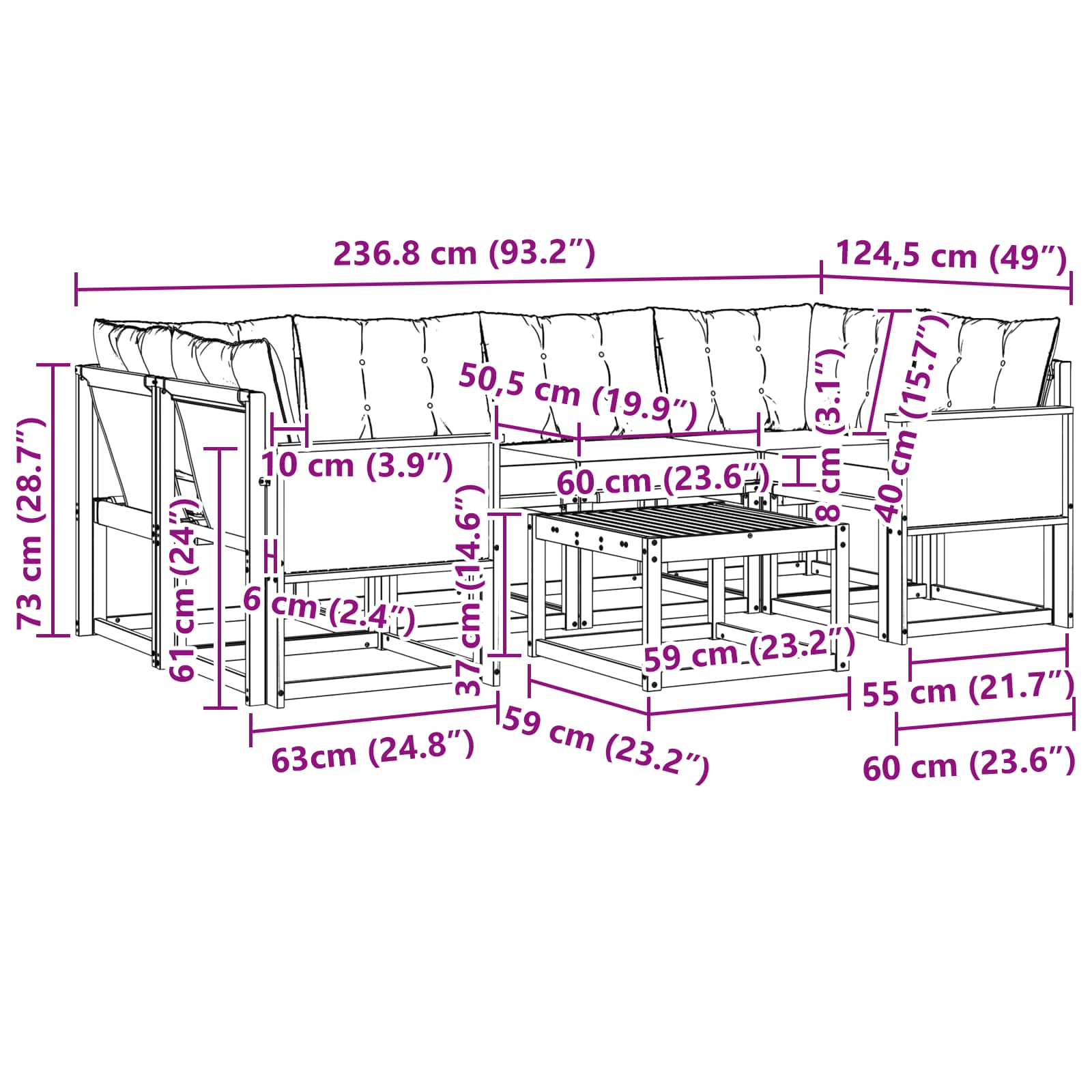 Σειρά Καναπέ Εξωτερικού με μαξιλάρι 7 pcs Φυσικό και Κρέμα - Pakobazaar