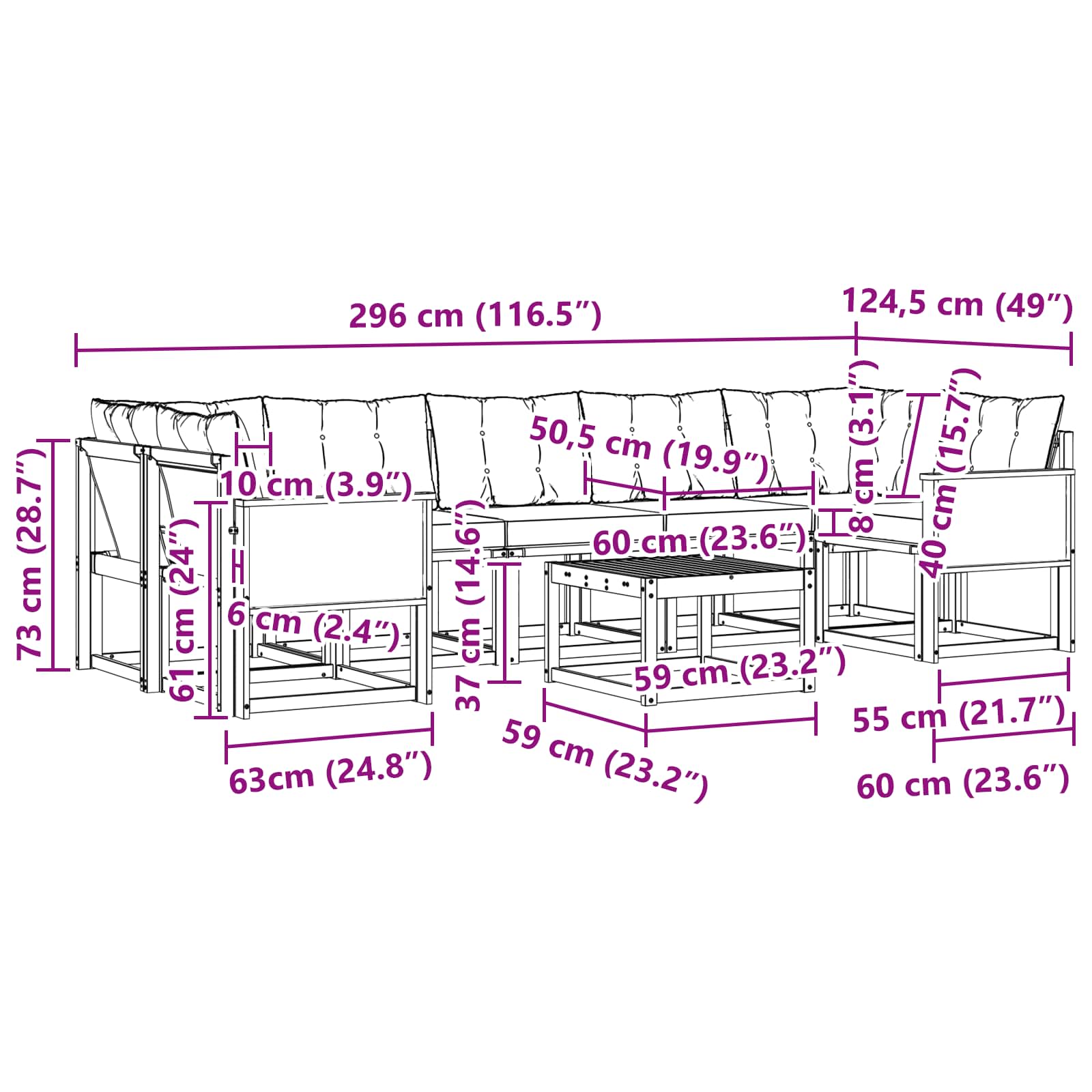 Σειρά Καναπέ Εξωτερικού με μαξιλάρι 8 pcs Φυσικό και Μαύρο - Pakobazaar