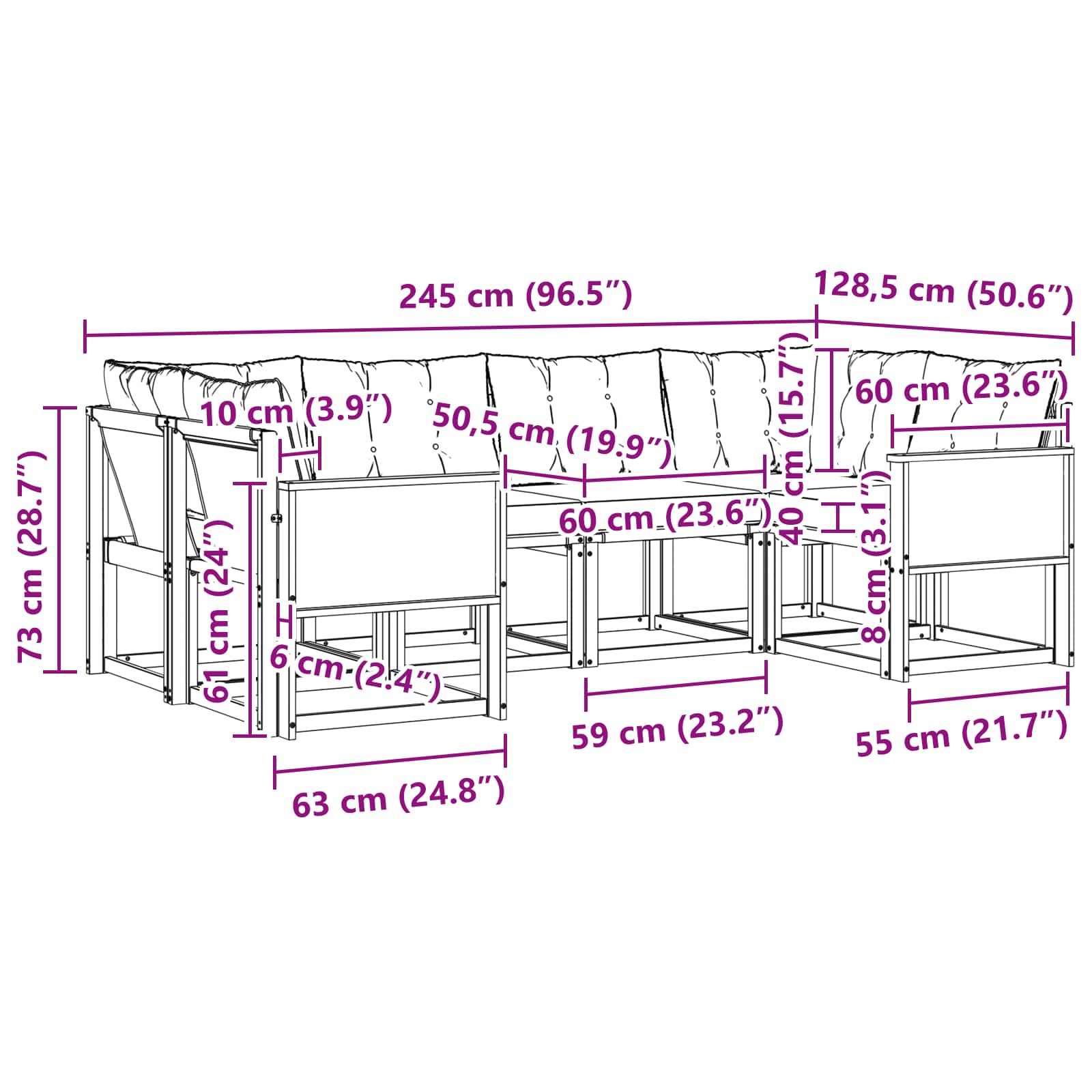 Σειρά Καναπέ Εξωτερικού με μαξιλάρι 6 pcs Φυσικό και Μαύρο - Pakobazaar
