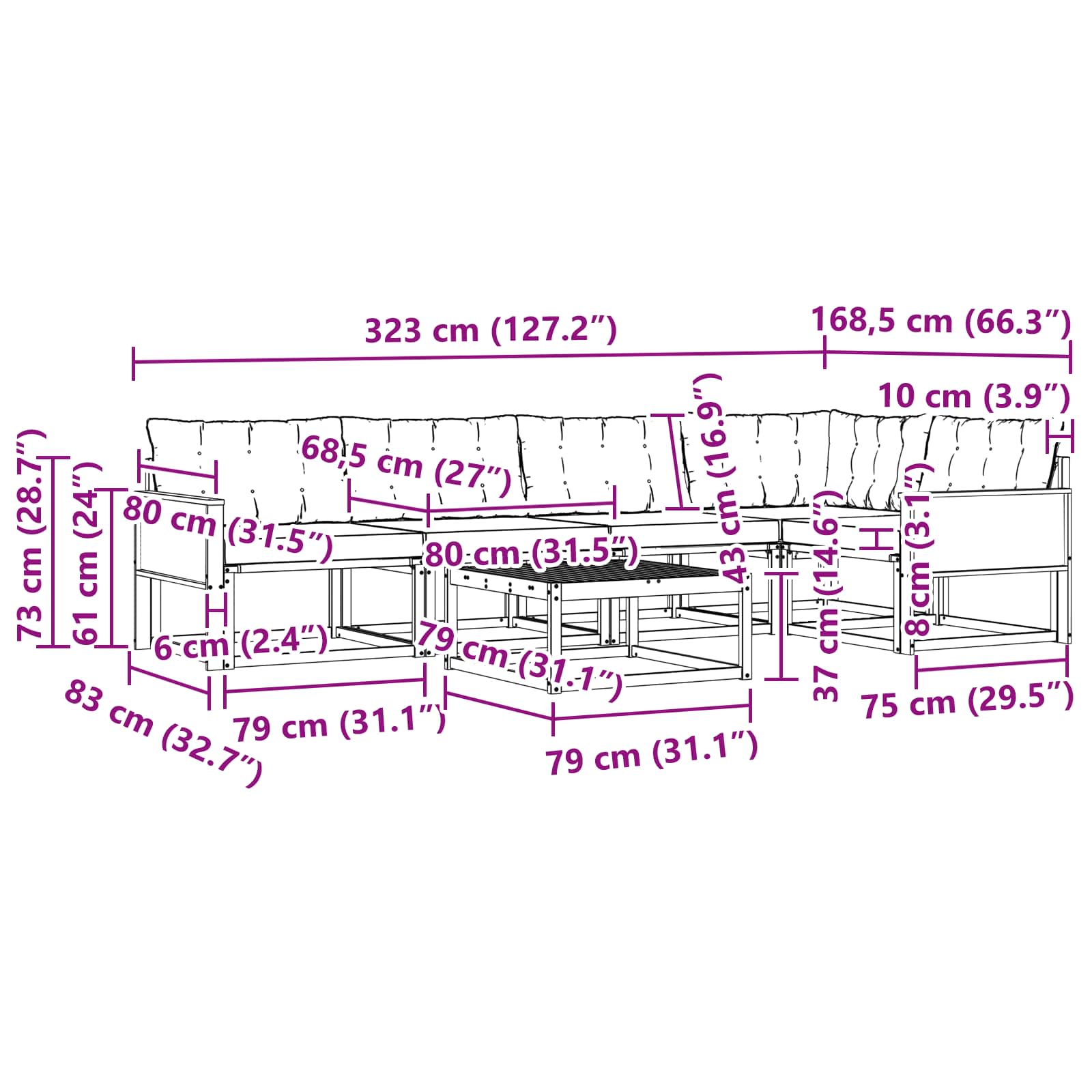 Σειρά Καναπέ Εξωτερικού με μαξιλάρι 6 pcs Φυσικό και Μαύρο - Pakobazaar