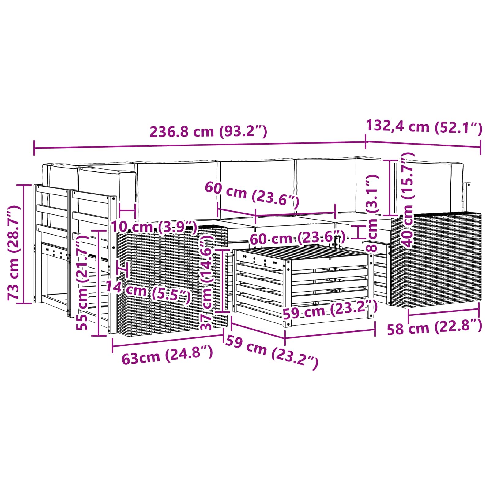Σειρά Καναπέ Εξωτερικού με μαξιλάρι 7 pcs Φυσικό και Ανθρακί - Pakobazaar