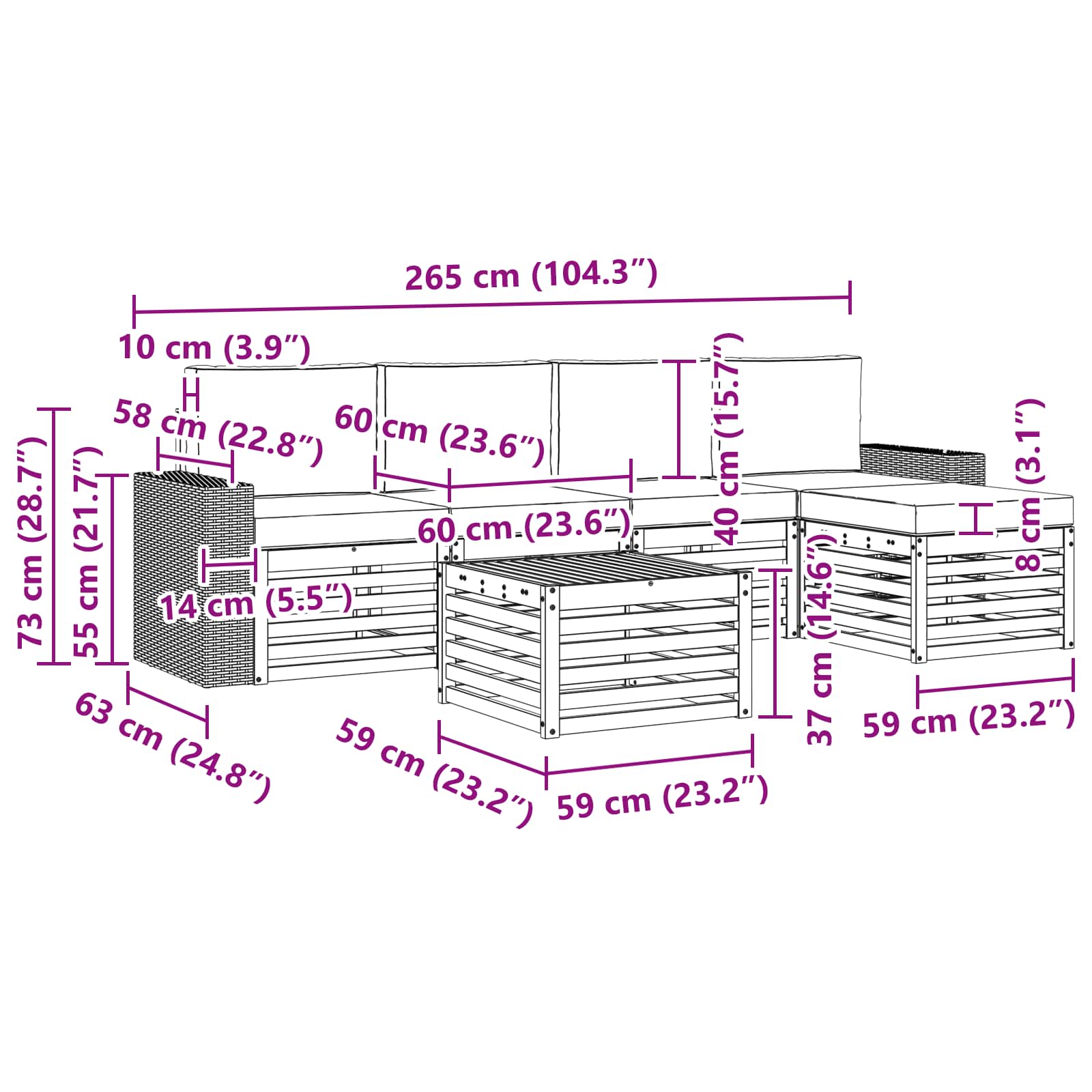 Σειρά Καναπέ Εξωτερικού με μαξιλάρι 6 pcs Φυσικό και Ανθρακί - Pakobazaar