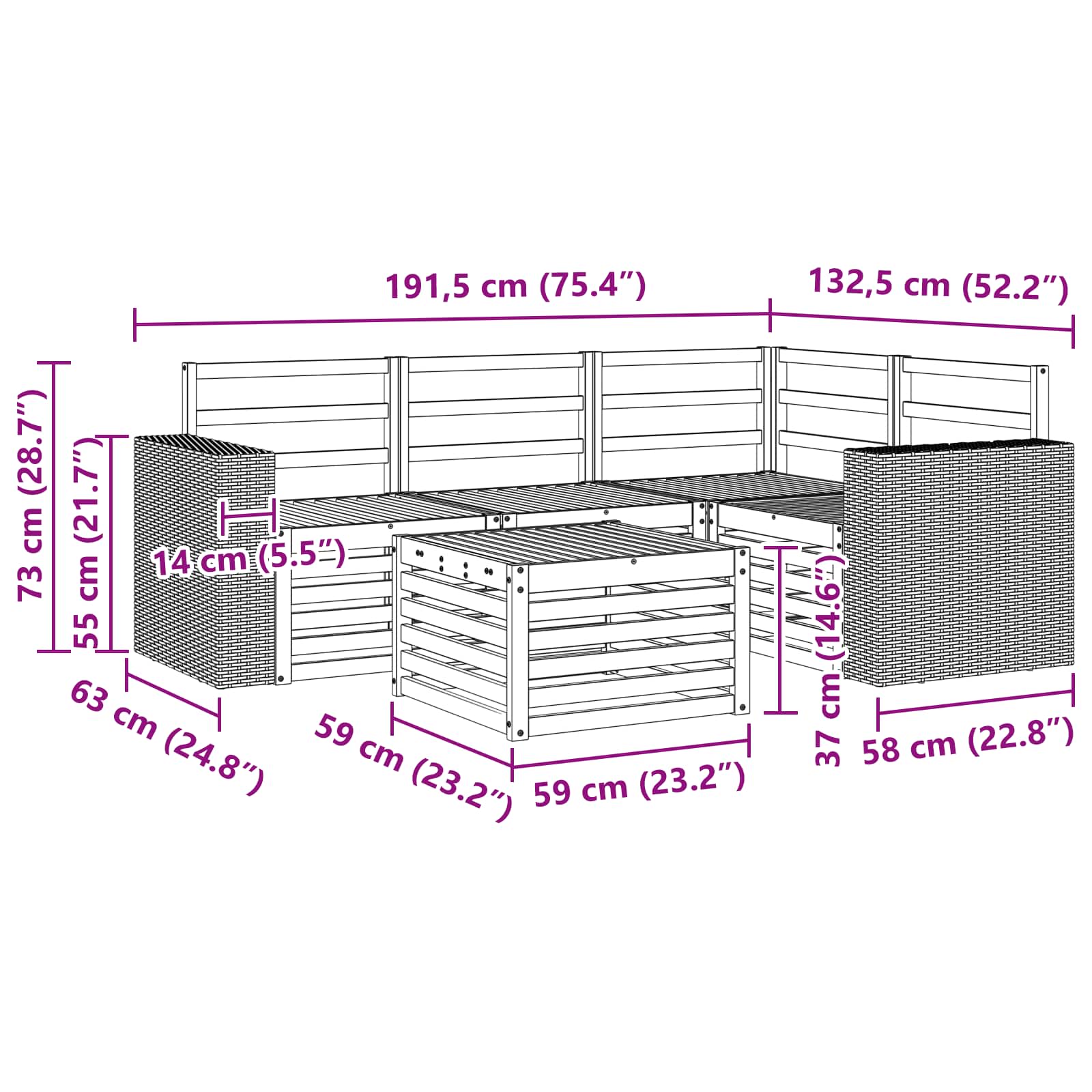 Σειρά Καναπέ Εξωτερικού 5 pcs Φυσικό 59 x 59 x 37 εκ - Pakobazaar