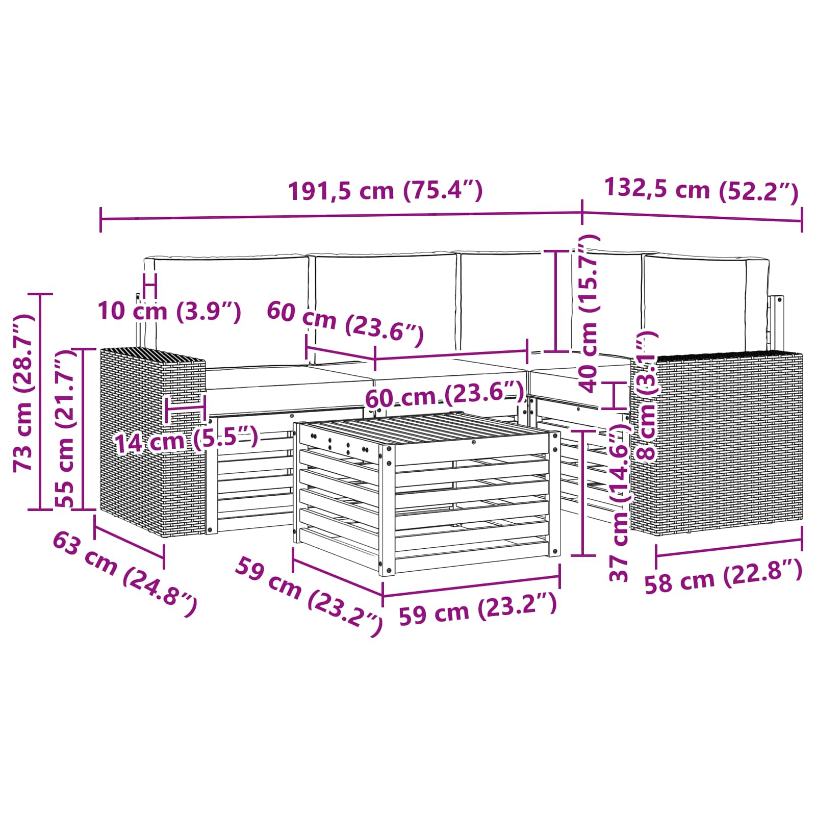 Σειρά Καναπέ Εξωτερικού 5 pcs Φυσικό και Ανθρακί - Pakobazaar