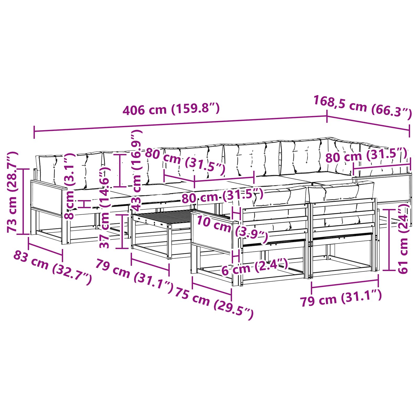 Σειρά Καναπέ Εξωτερικού με μαξιλάρι 9 pcs Φυσικό και Ανθρακί - Pakobazaar
