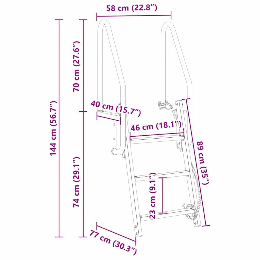 3-Βήμα Σκάλα για Μώλο Ασημί 58 x 77 x 144 εκ Αλουμίνιο