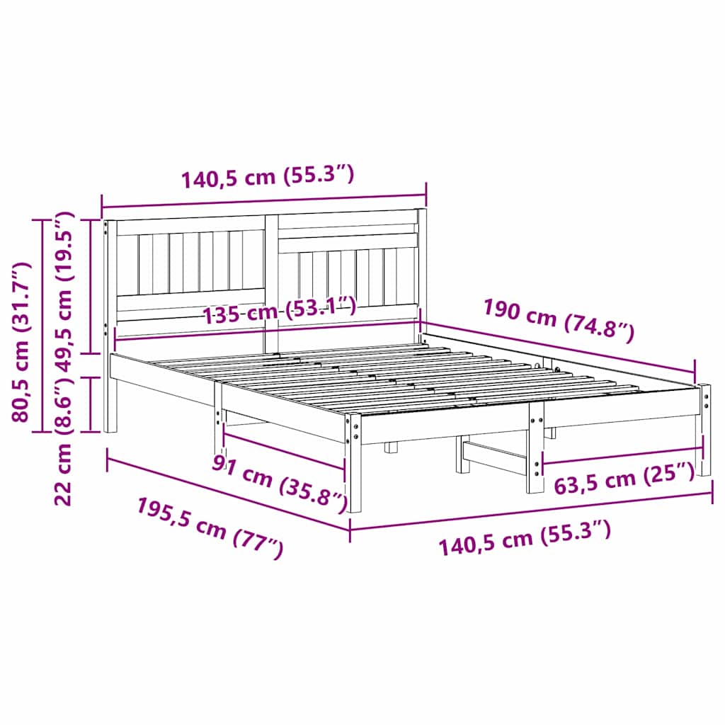 Σκελετός Κρεβατιού Λευκό 135 x 190 cm Στερεά ξυλεία πεύκου